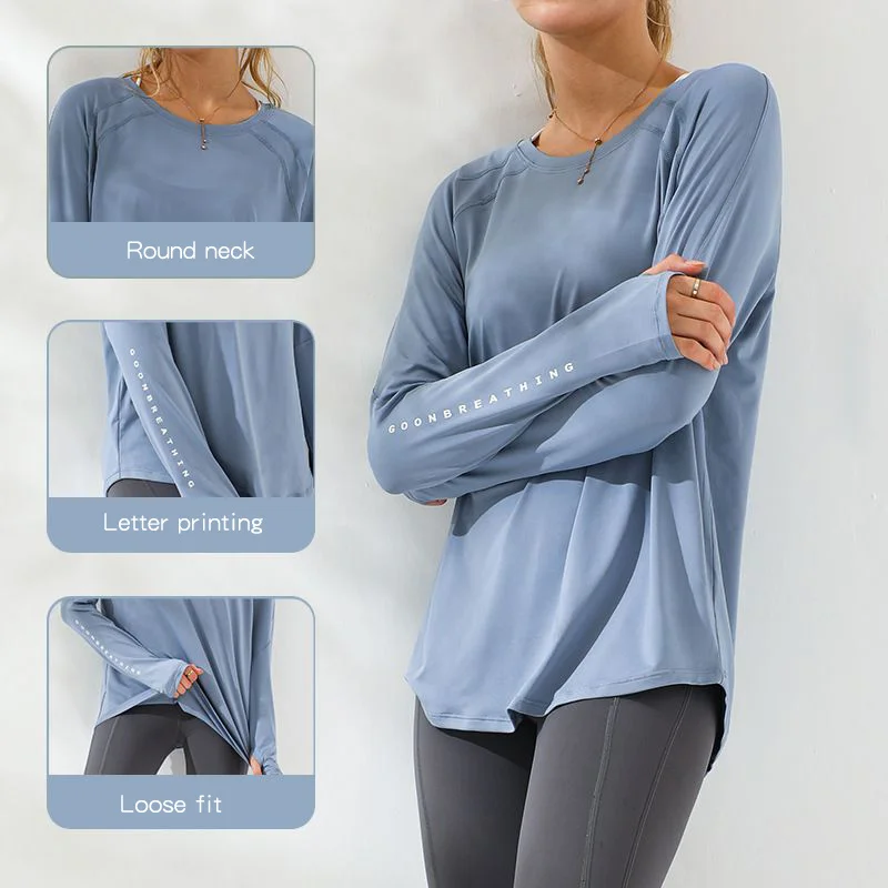 

Sport Top Fitness Long Sleeve Running Shirt Women Gym Loose Thumb Hole Ladies Workout Tops Yoga Shirts Jacket Tee Fall Clothes
