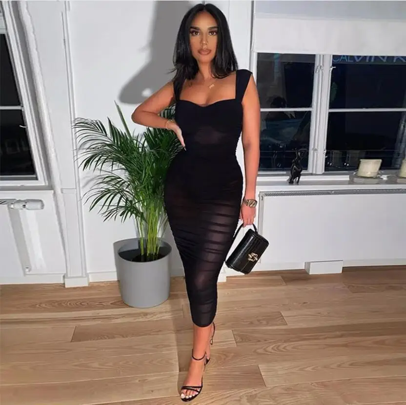 Цельнокроеное женское платье на бретелях Новое поступление 2020 черное Сетчатое