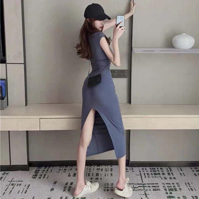 Slim stretch bag hip dress female summer mid-length sexy back split midi high street fashion | Женская одежда