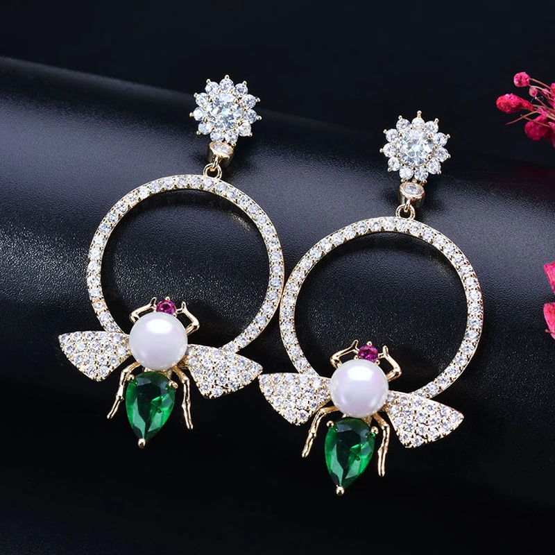 ANGELCZ милые большие круглые серьги-подвески с жемчугом в виде пчелы золотые