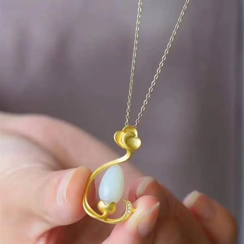 

Ruyi Magnolia S925 Sterling Silver Jeweleries Vintage Pendant Natural Hetian Jade Gilding Craft Silver Inlaid Exquisite Workmans