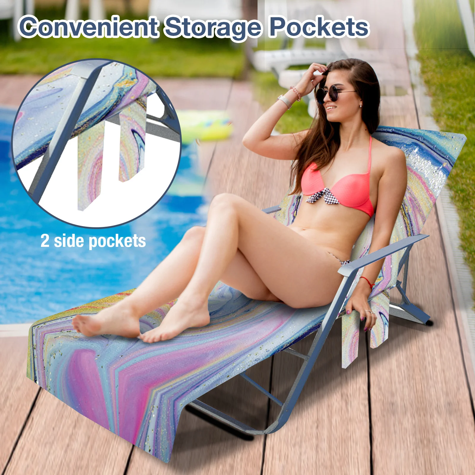 

Beach Chair Cover with Side Storage Pockets Towel Outdoor Portable Microfiber Beach Chair Cover Up Quick Drying Lounge