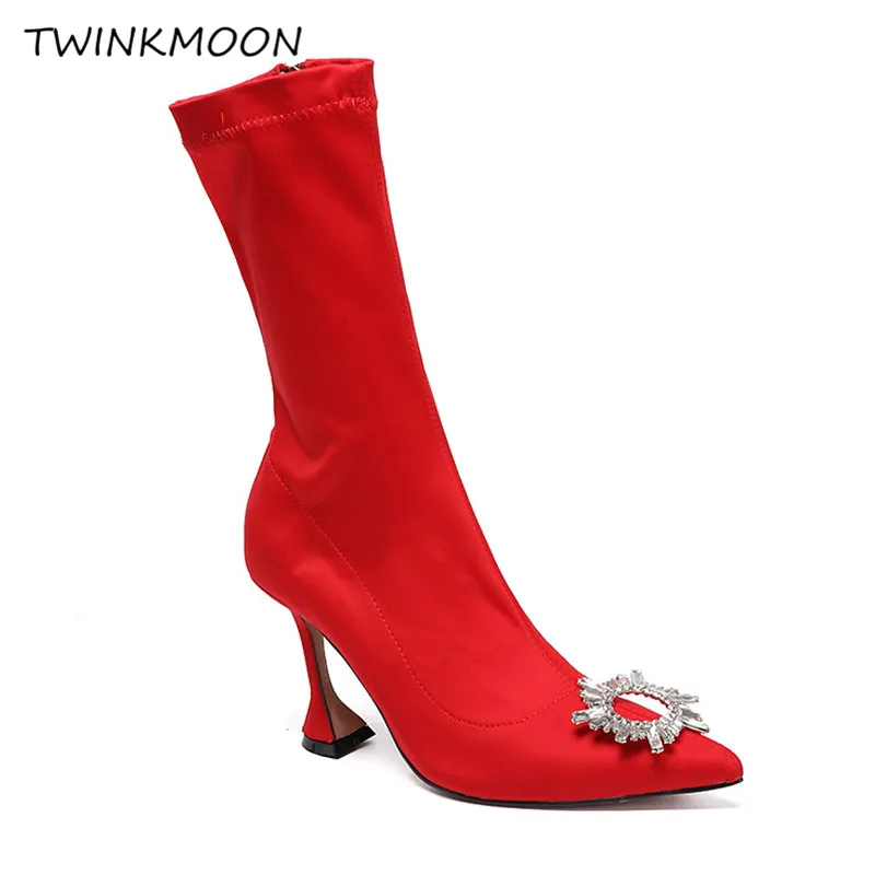 Ботинки с пряжкой со стразами женская обувь цвет черный красный модные