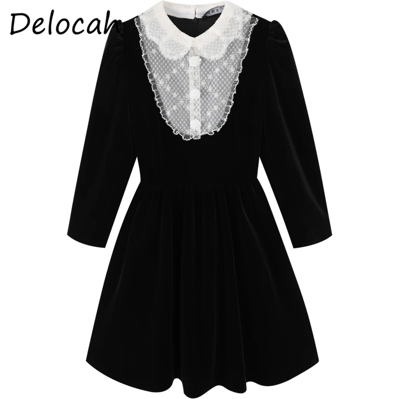 

Delocah Summer Women Fashion DesignerParty Mini Dress Half Sleeve Lace Embroidery Elegant High Waist Solid Print Velvet Dresses
