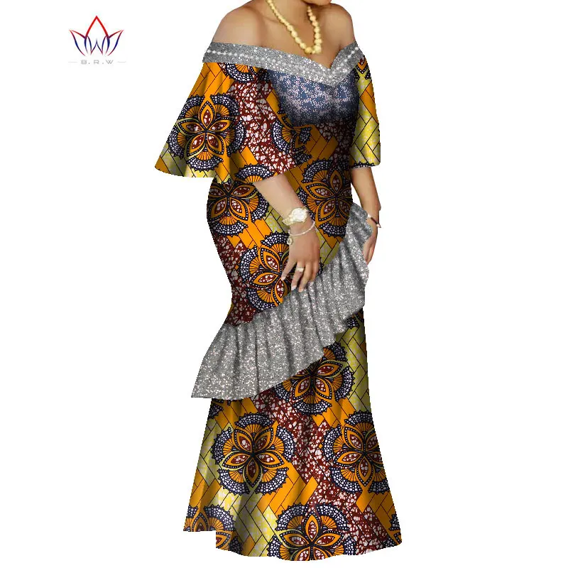 BRW African Maxi Dress Bazin Riche Sequined Pearls Print Wax Long Dresses Off Sshoulder Plus Size 6XL Africa Clothing WY8207
