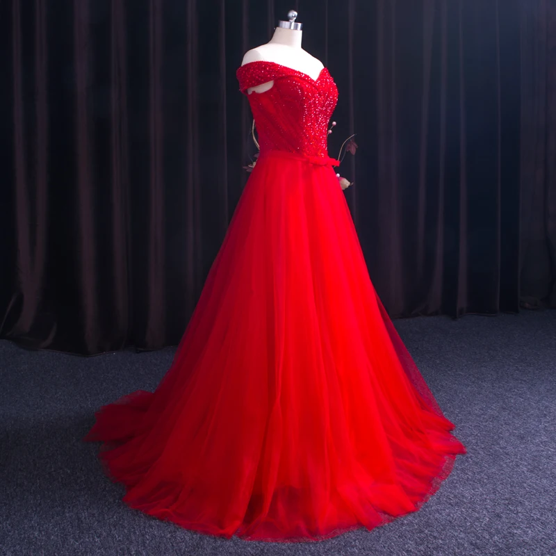 xl9542 ready to wear red prom dress v-neck off shoulder beaded long evening party dress for graduation vestido de festa longo