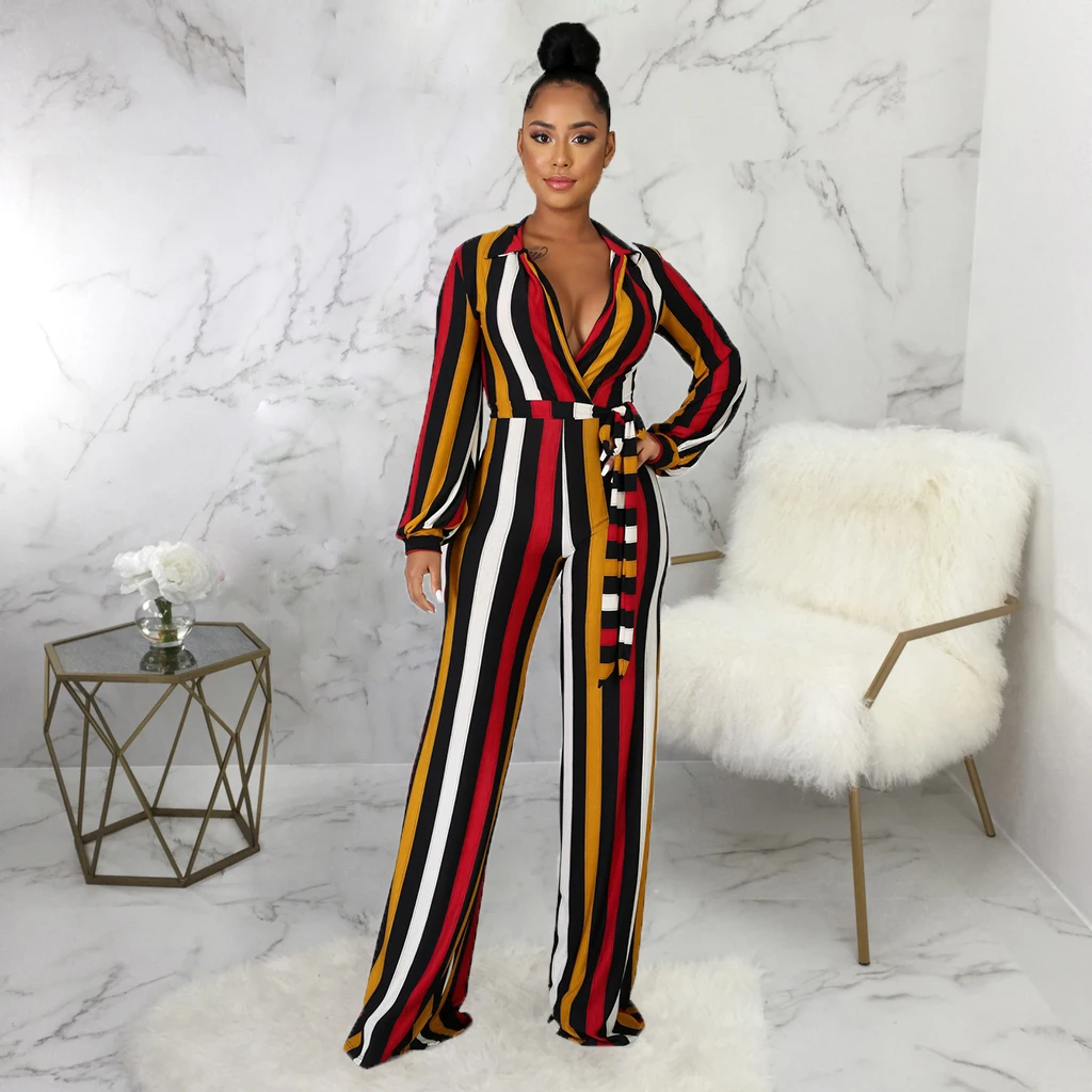

Female 2021 Digital Print Strip Jumpsuit Romper V Neck Long Sleeve Casual Long Sash Autumn Jumpsuit Women Overalls