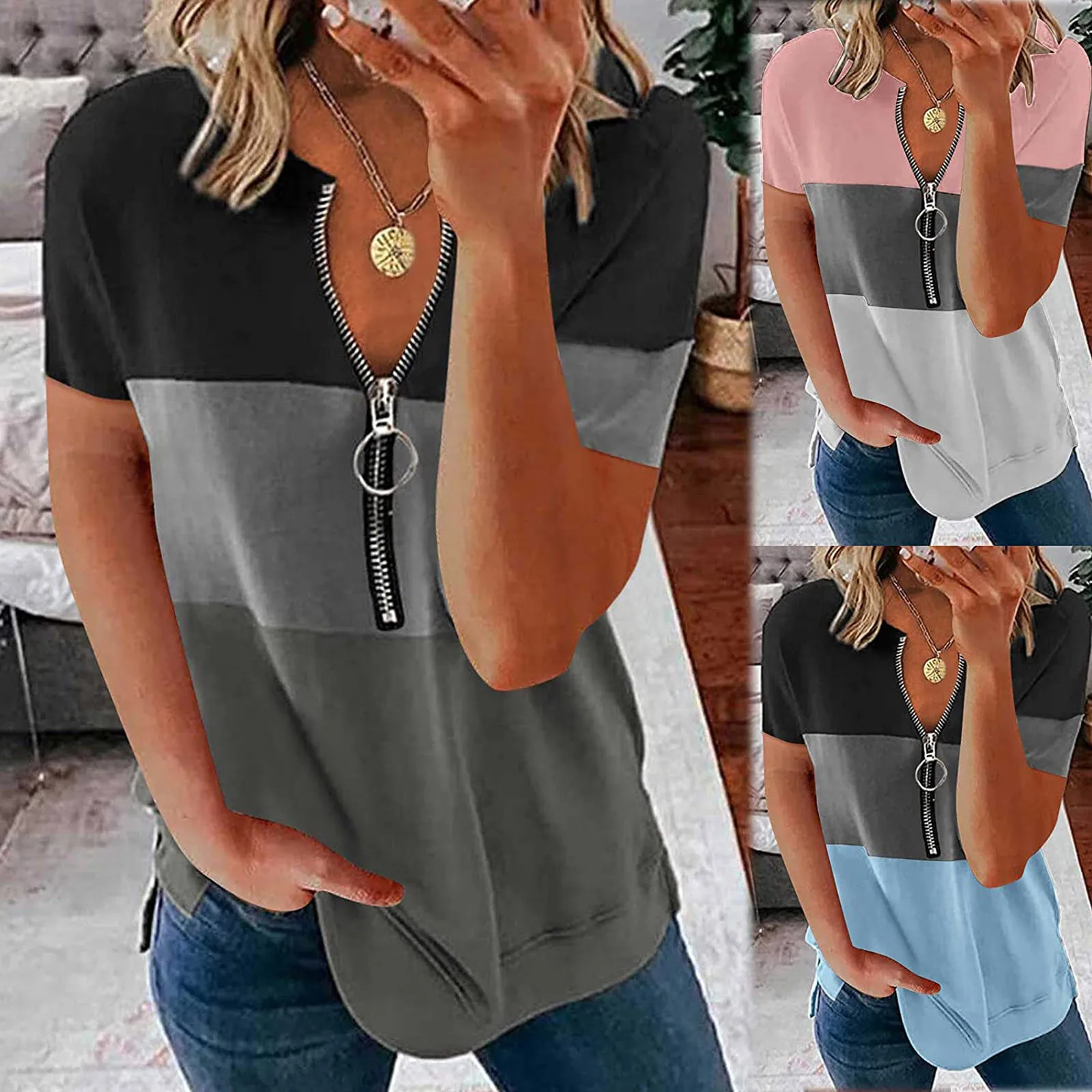 

Women's Fashion Casual Patchwork V-Neck Loose Short Sleeve T-shirt Pullover Tops Women's t-shirt 2021 blusa feminina футболка