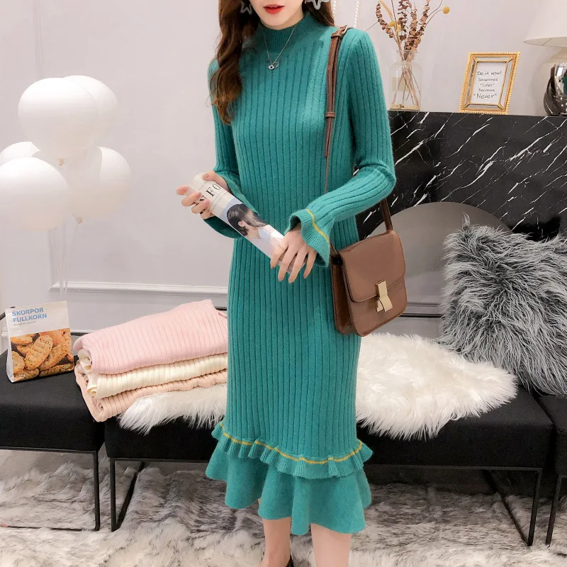2019 осень зима гофрированное вязаное платье для женщин полосатый длинный рукав
