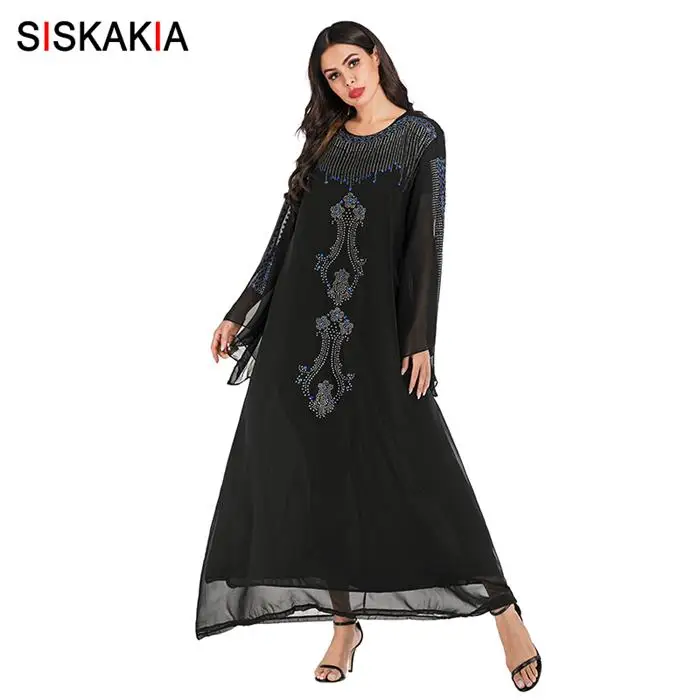 Black abaya Siskakia модная мусульманская одежда платье черные в этническом стиле Стразы Макси платья праздничные платья с длинными рукавами огненно Турецкий Арабский Дубай носит Новинка осени - Цвет: Black abaya