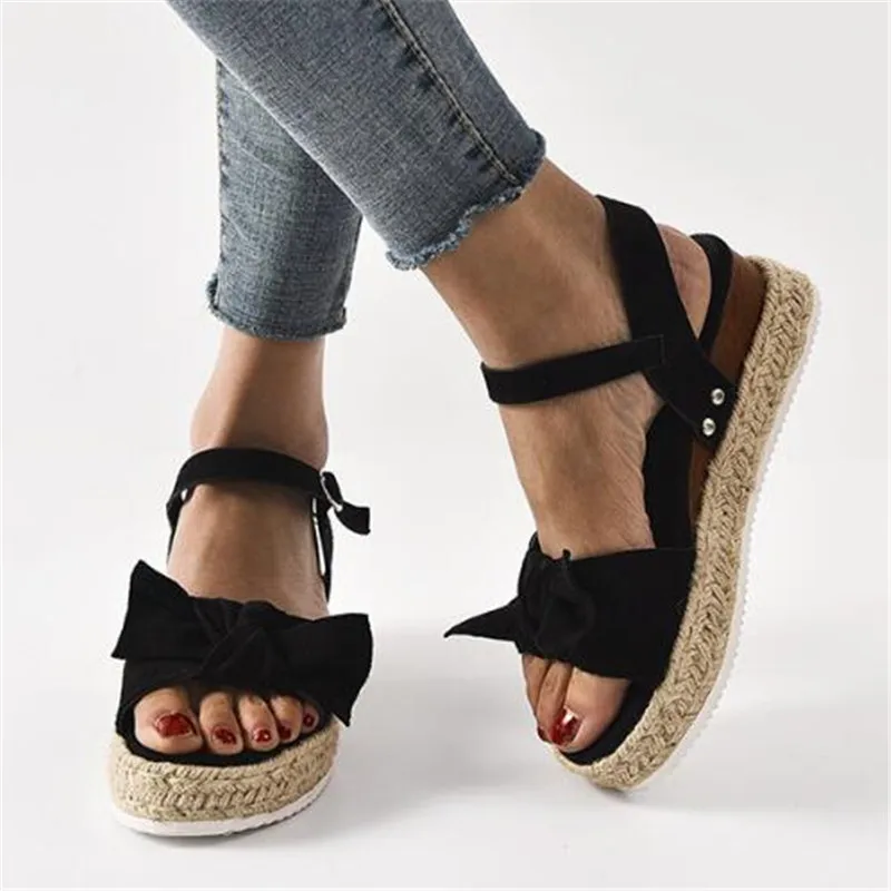

women sandals Flock Buckle Strap 7CM Wedges High heels Round Toe Butterfly-knot Shallow sandal for women shoes size 36-44 black