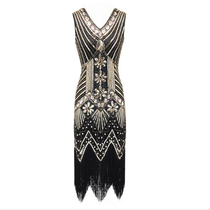 black gold dress 1920s Flapper платье Great Gatsby вечерние платья с блестками и бахромой - Цвет: black gold dress