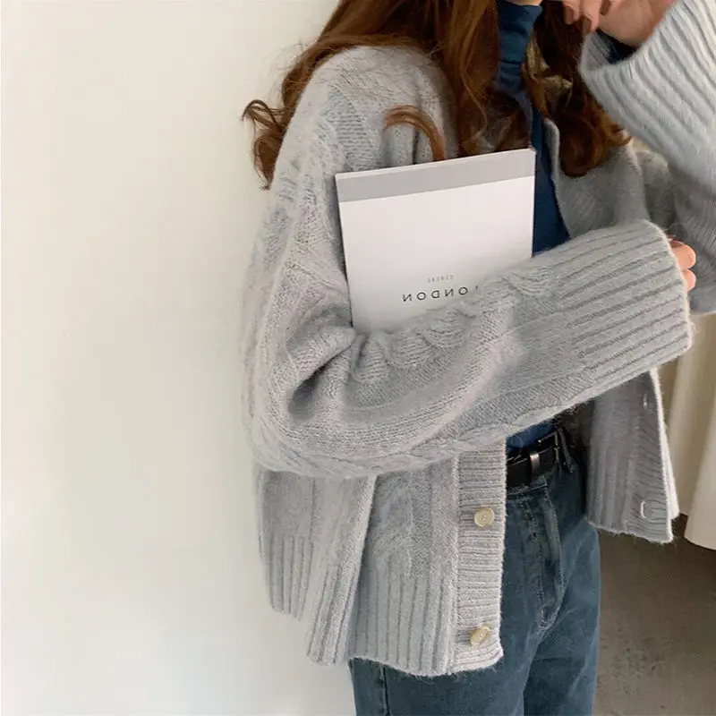 

Academic style soft waxy twist sweater cardigan coat loose lazy wind round neck long sleeve sweater small shawl