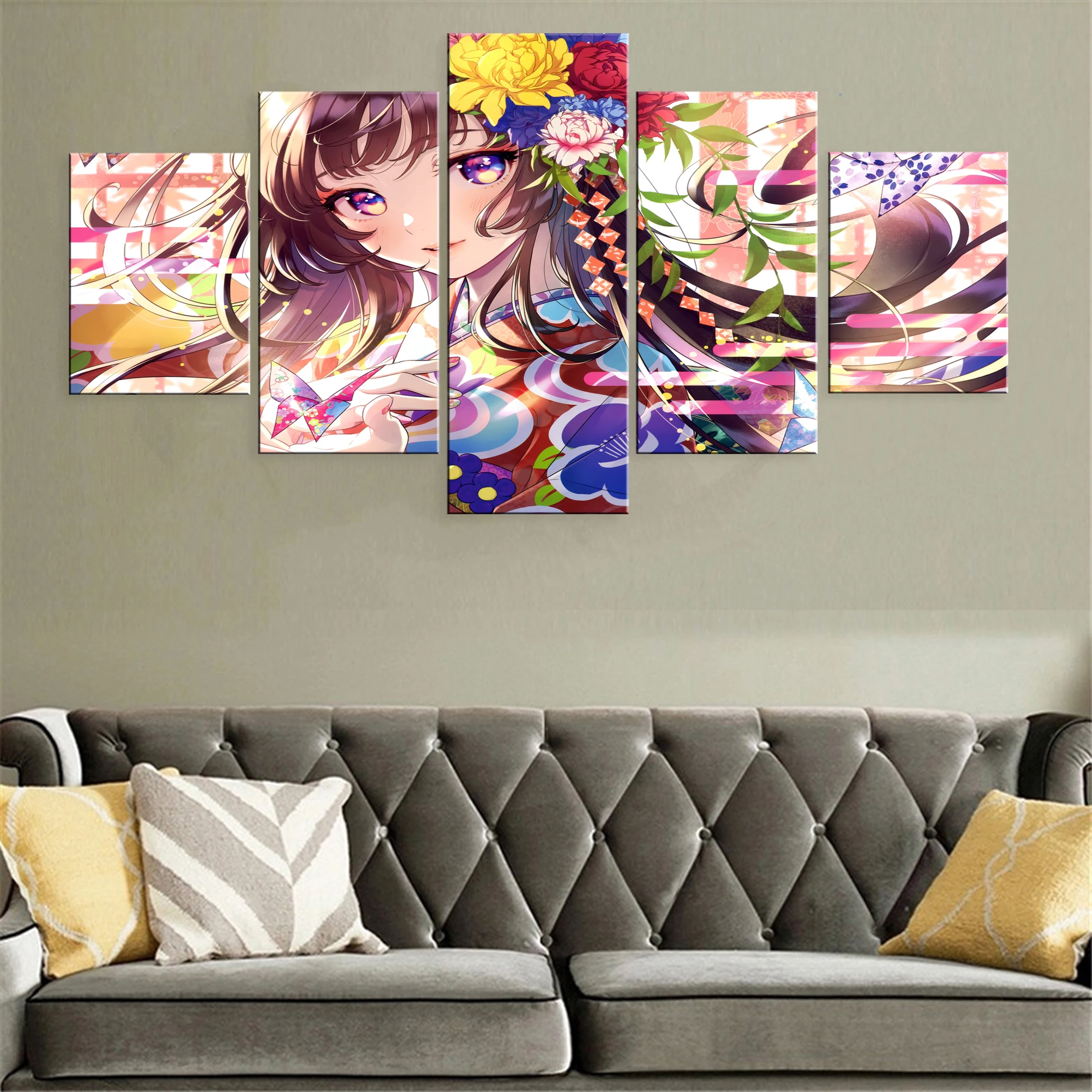 

Anime Girl 5 Piece Canvas Painting Poster Beauty Flower Framework Wall Artwork Decor Modern Picture For Home Printed