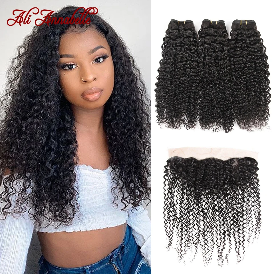 

Волосы ALI ANNABELLE, бразильские человеческие волосы с застежкой, 100% Реми, 3 пряди, бразильские кудрявые вьющиеся волосы с кружевной фронтальной