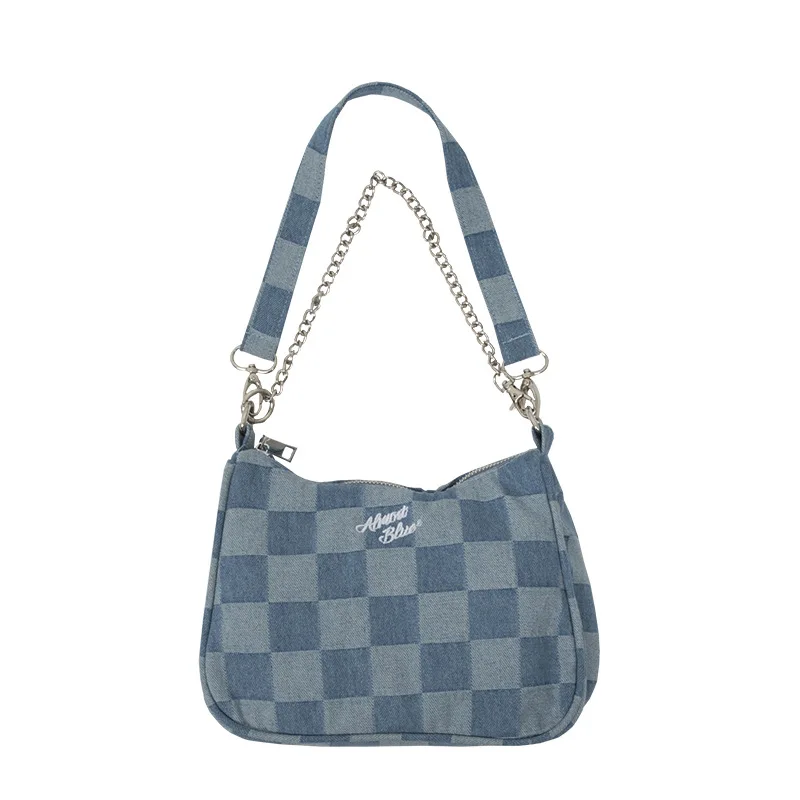 

Women Small Shoulder Bags Blue Checked Handbag Canvas Tote Chain Underarm Bag Ladies Denim Half Moon Bags Cotton Cloth Purse