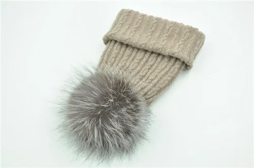 Brown silver fox fur Вязаная Шерстяная Шапка из натурального меха енота, шапка с помпоном для женщин и девочек, новинка, осенняя, весенняя, зимняя женская меховая шапка - Цвет: Brown silver fox fur