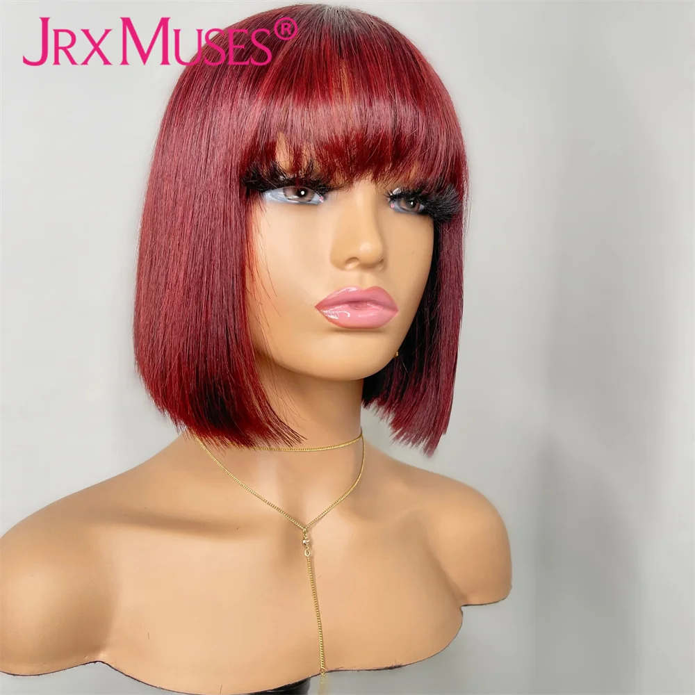 Red Short Bob Wig Human Hair Wigs With Bangs Straight Full Machine Made Natural Black Glueless Wigs Brazilian Remy For Women