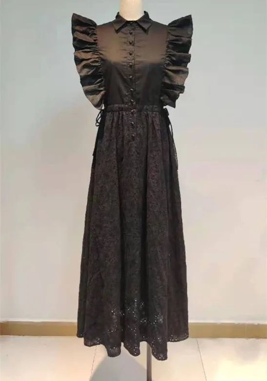 

2021 spring and summer lapel, ruffle, flying sleeve, drawstring waist, heavy industry embroidery white dress long