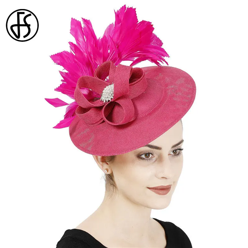 

FS Large Fascinator Hats For Women Elegant Derby Hat Rose Wedding Feather Fedora Party Flower Pillbox Church Hats