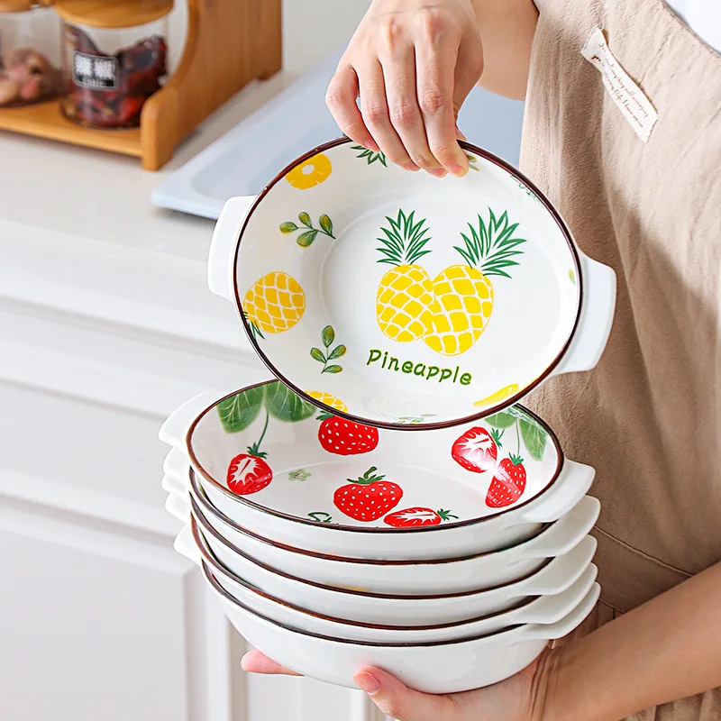 

Nordic Fashion Cheese Gratin Dish Tableware Porcelain with Double Handle Microwave Oven Plate Oven Pans Fruit Salad Soup Pasta
