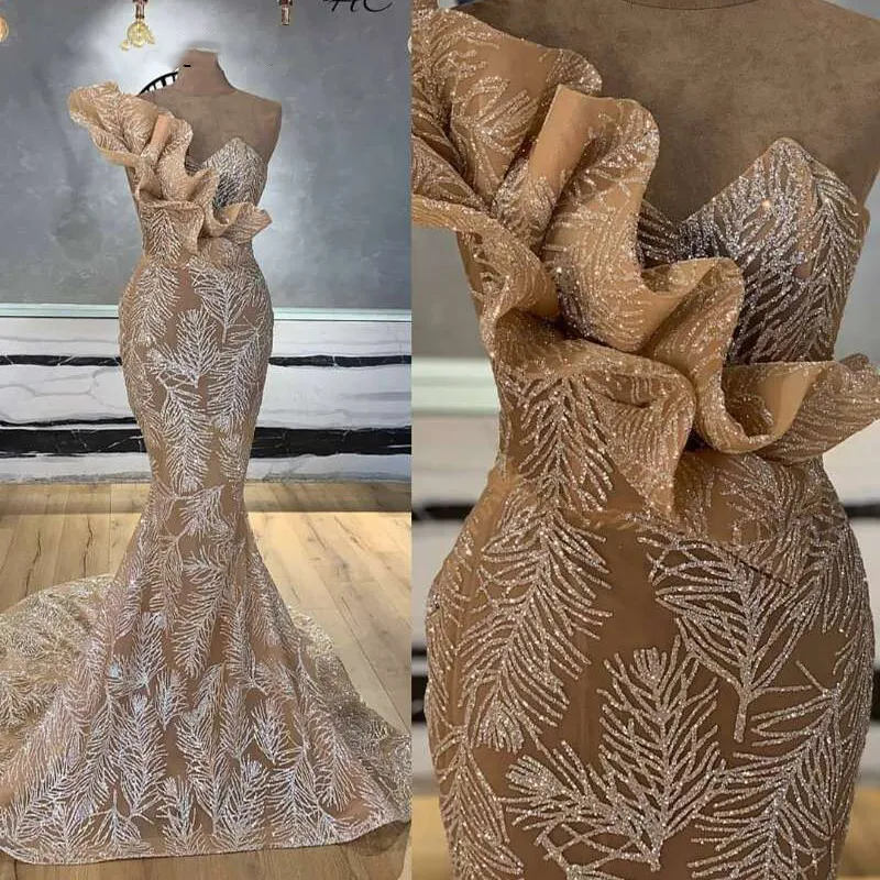 Vestidos de noche con lentejuelas brillantes para mujer, Vestido largo de sirena, con volantes de un hombro, estilo árabe de Dubái, para fiesta de graduación, 2021 (0)