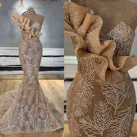 sparkly sequin evening dresses long luxury 2022 mermaid one shoulder ruffles dubai arabic women formal evening prom gown