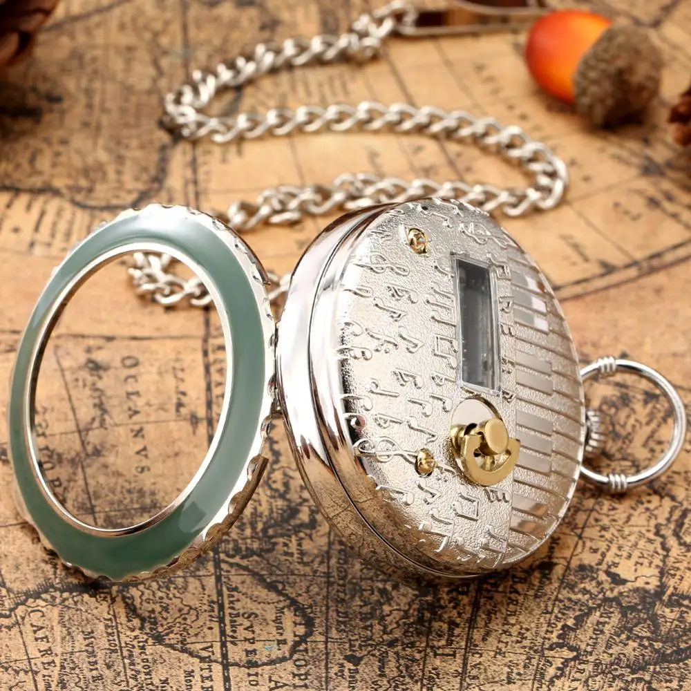 Steampunk Pocket Watch Man Hand Crank Music Quartz Pocket Watch Green Case Roman Numeral Dial Woman Watch Music Pendant Gift