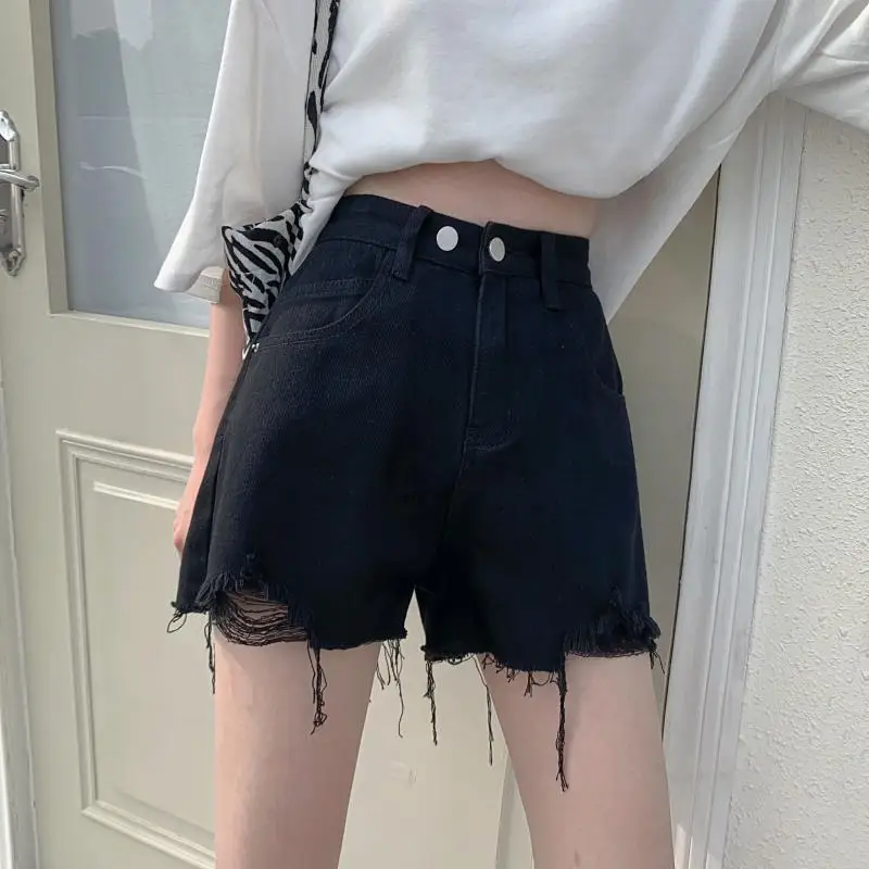 

High waist denim shorts women's summer 2021 new loose wide legs show thin hole net red A-line pants versatile style