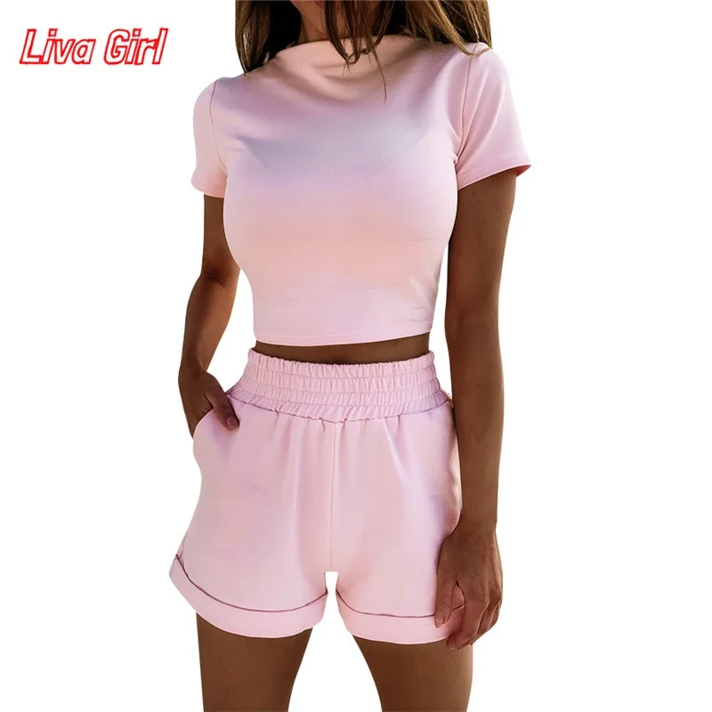 Летняя женская футболка с коротким рукавом и круглым вырезом топ шорты карандаш