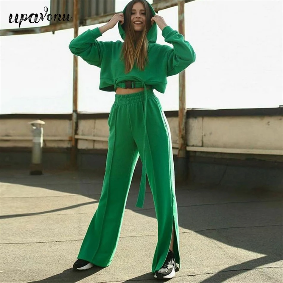 

Free Shipping Casual Hooded Long Sleeve Sweater Set Women's Loose Lace-up Pullover Sweater & Elastic Trousers Two-piece Set