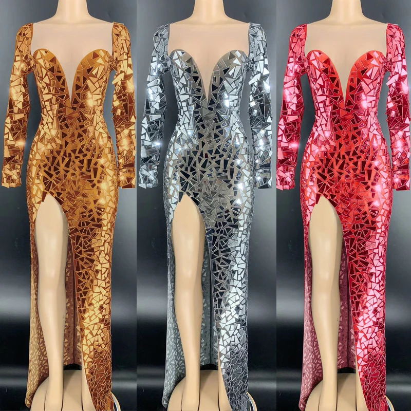 Роскошное зеркальное платье с длинным рукавом и разрезом женские платья