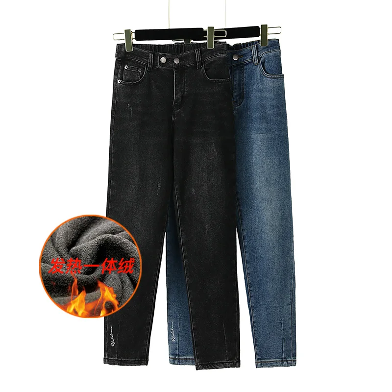 

17zq High Waisted Elastic Denim Pants Women 2019 Winter Fleece Thick Pencil Long Trousers Female Slim Warm Black Blue Jeans