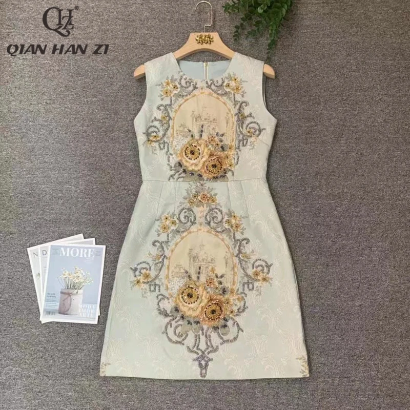 

Qian Han Zi spring/autumn designer fashion jacquard sleeveless dress vintage beaded slim luxury dress Women 2021 new
