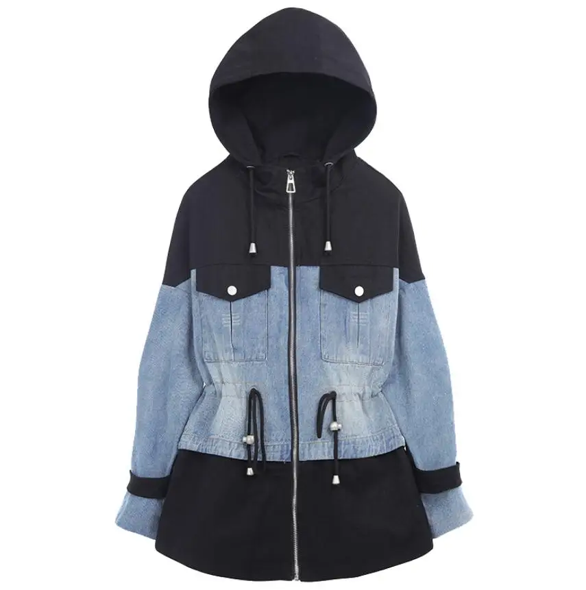 

Spring Autumn women hooded jacket Fashion Stitching Denim Loose coat slim parka jacket overcoat s681
