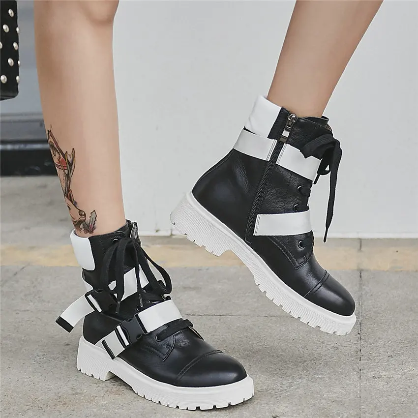Женские высокие ботинки со шнуровкой в стиле панк из коровьей кожи на низком