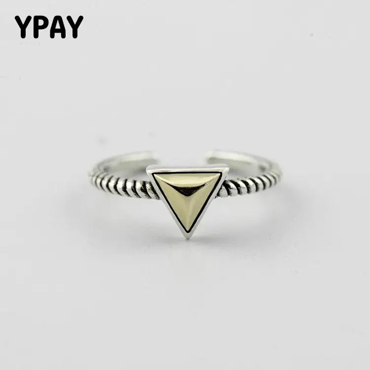

YPAY Real 925 Sterling Silver Open Rings for Women Hemp Rope Triangle Gold Tone Metal Vintage Finger Ring Fine Jewelry YMR219