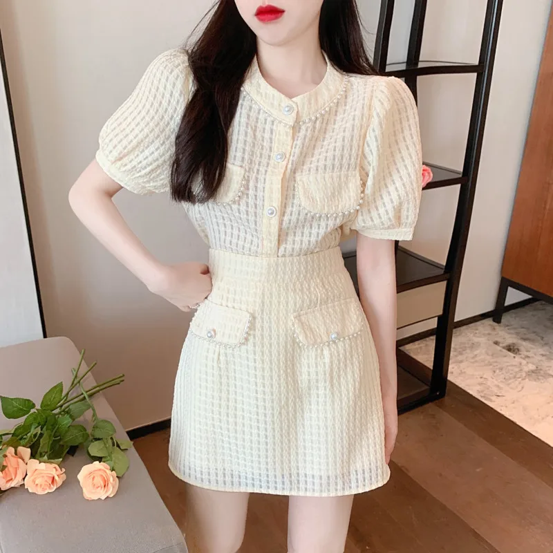 

Korean Summer Skirt Outfits Women Short Sleeve Age Reducing Tops And High Waist Mini A-line Skirt Vintage Two Piece Set