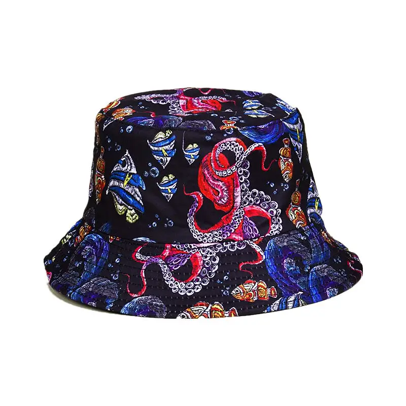 

2022 Cotton Cartoon Octopus Print Bucket Hat Fisherman Hat Outdoor Travel Sun Cap Hats for Men and Women 349