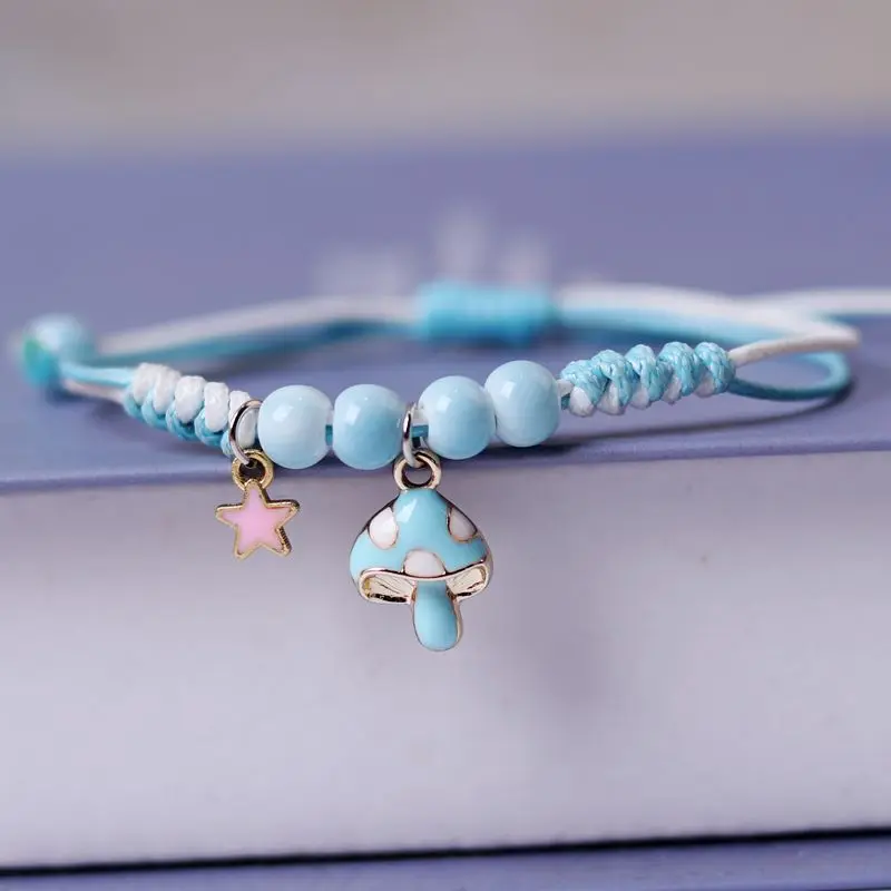 

Cute Mushroom Pendnat Bracelet Wholesale Adjustable Braided Rope Bracelets For Women Blue Red Mushroom Children Bracelets New