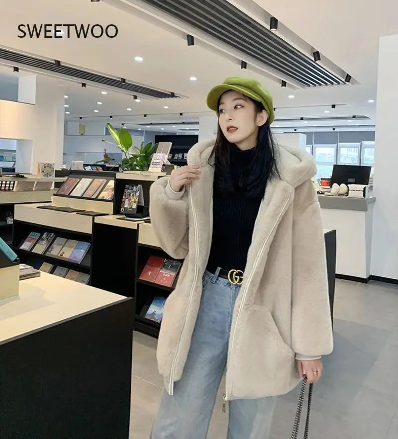 Fashion Plush Coat Women's Winter Imitation Rabbit Fur Grass Loose Medium Length 2021 New Hooded Thickened Coat
