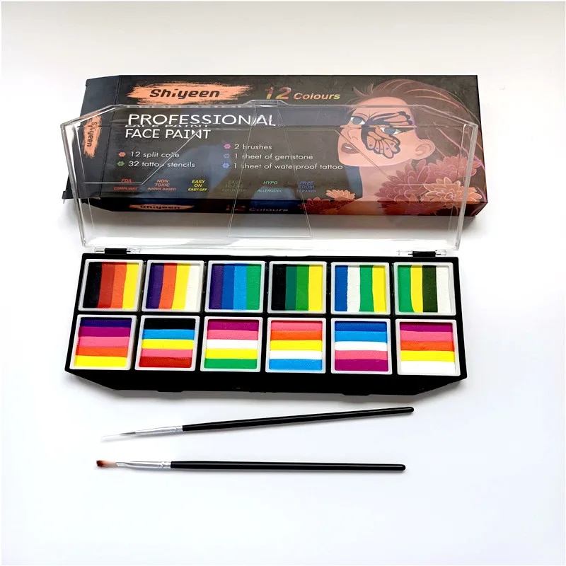 

Rainbow Face Paint Kit Colorful Face Body Palette Lasting Makeup Effect With 2 Brushes Halloween Themed Party