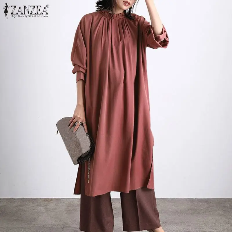 

2021 винтажная женская блузка ZANZEA, Весенняя рубашка средней длины на шнуровке, повседневные однотонные свободные топы, женская блузка оверса...