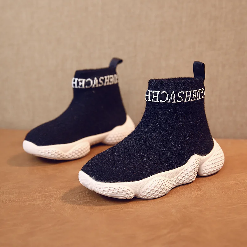 

Casual Kids Sock Knitting Boots Sneakers Knitted Breathable Sports Shoes Children Spring Stretch Platform High Gang Fur Boots