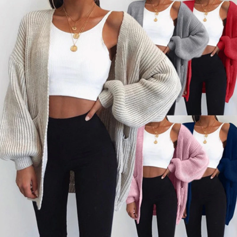 Casual Women Lantern Sleeve Cardigans Autumn Winter Loose Knitted Sweater Cardigan Ladies Solid Long Sweaters