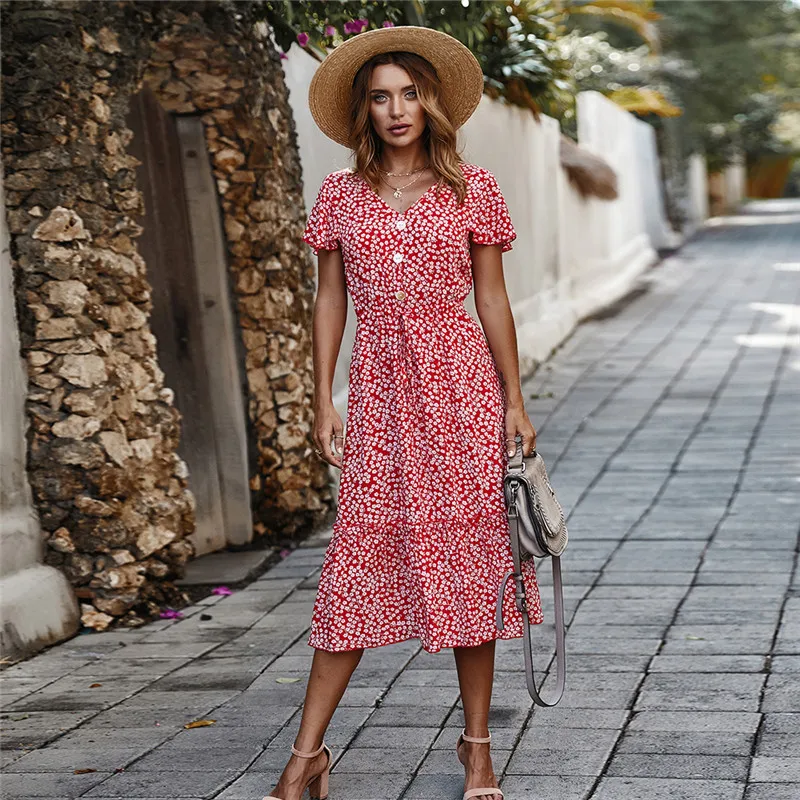 

2021 Girl Dress New Casual Polka Dot Print Mid Dress Women V Neck Short Sleeve A Line Dresses Summer Vintage Party Dress Female