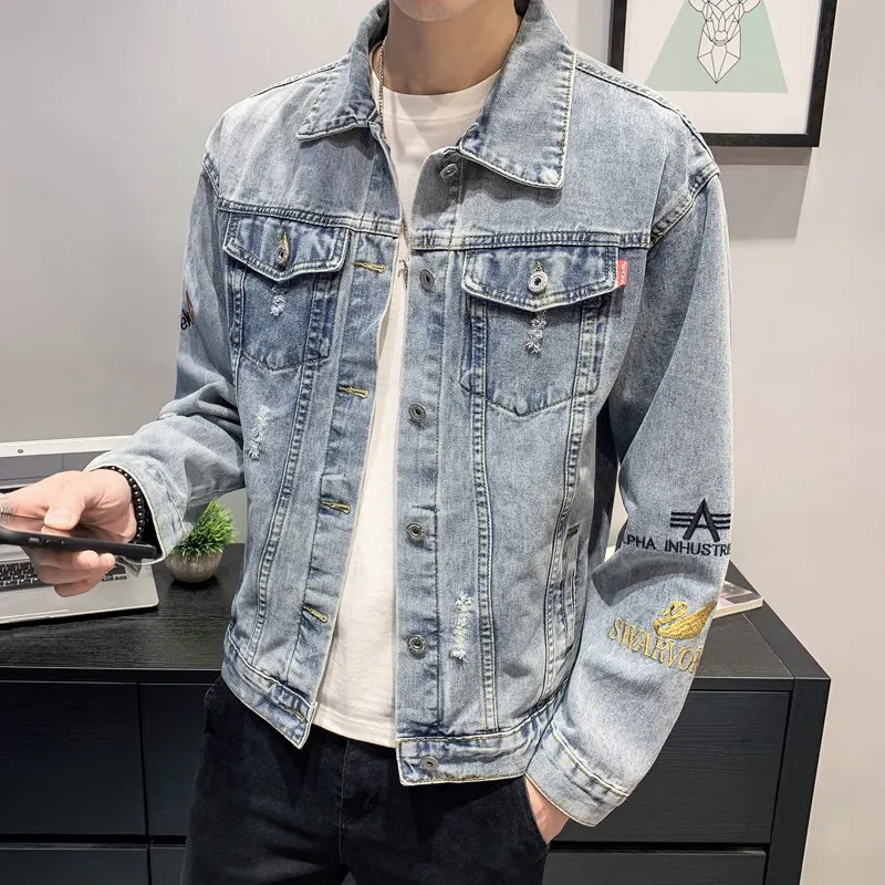 

Denim jacket men's short spring and autumn slim handsome casual jacket 2021 spring ripped large size 3XL teenagers denim jacket