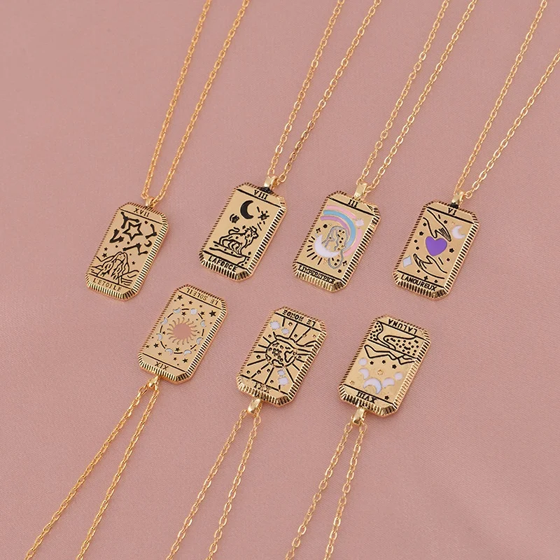 

New Retro Square Pendant Tarot Necklace Creative Sun Moon Star Ladies Fashion Jewelry Copper Plated Real Gold Clavicle Chain 1PC