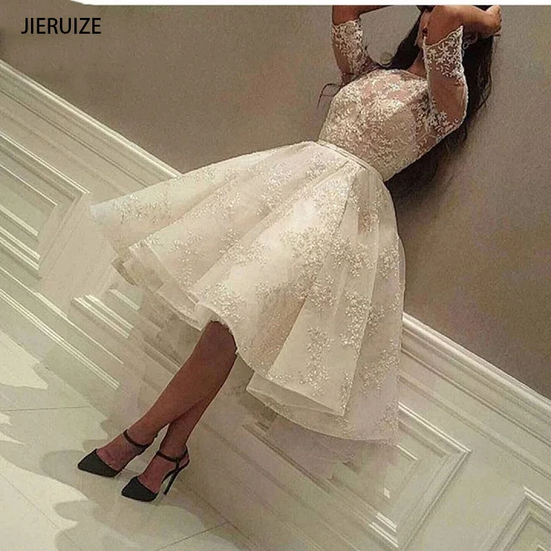 

JIERUIZE Charming Short Wedding Dresses White Lace Ball Gown Half Sleeves Boho Bridal Gowns Vestidos De Noiva