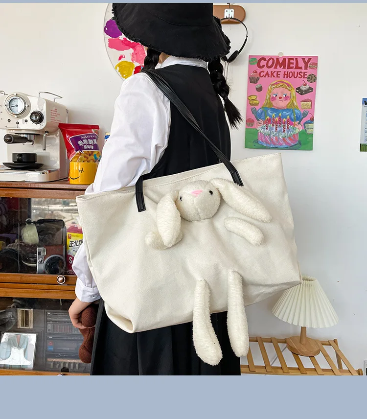 

Cute Plush Doll Women's Handbag Canvas Shoulder Bag Cute Fashion Handbags Capacity Tote Bag Cartoon Bag For Shopping Handbags